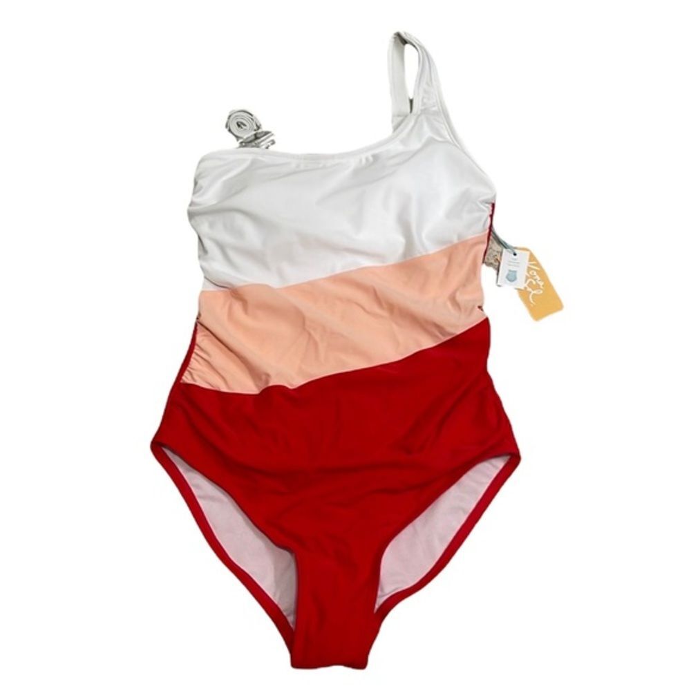 Kona Sol Colorblock One Shoulder High Coverage One Piece Swimsuit NEW